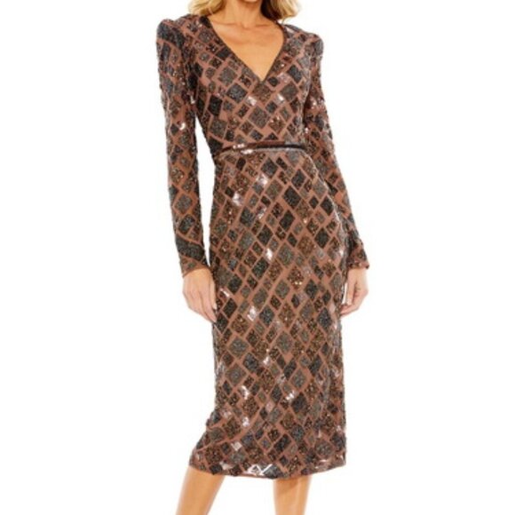 Mac Duggal Chocolate Brown Diamond Bead Long Sleeve Midi Dress - Picture 1 of 3